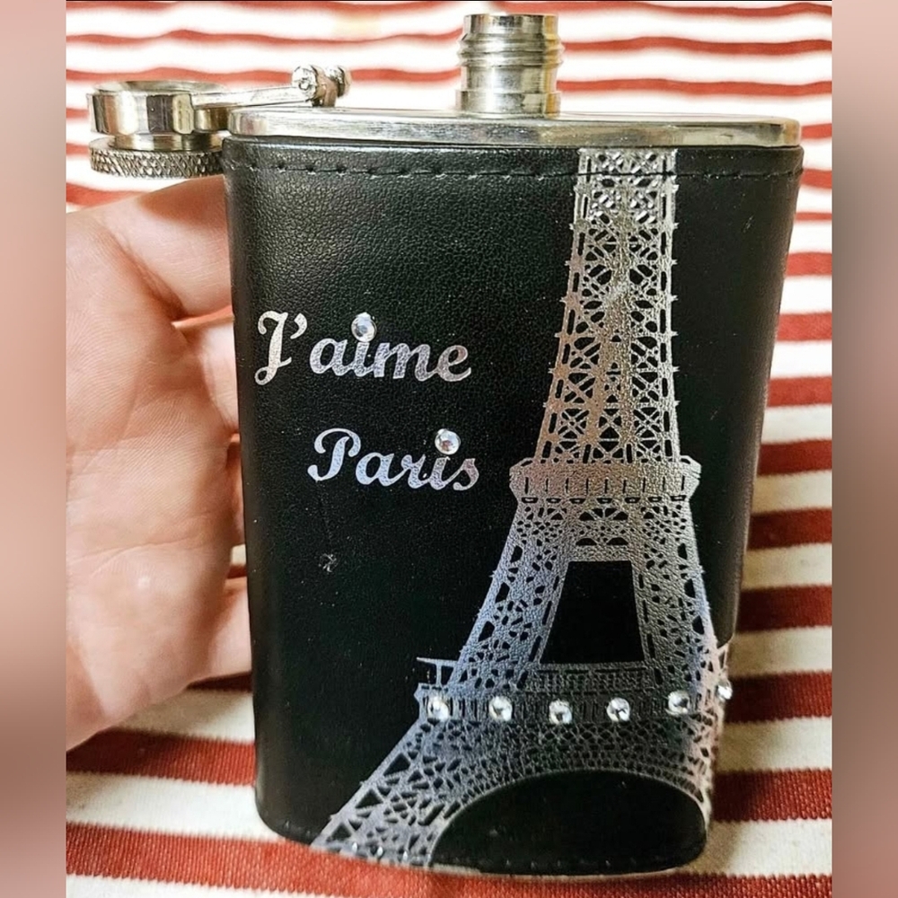 J'aime Paris Stainless Steel 5oz Flask Eiffel Tower Rhinestones 4.5" - Picture 6 of 9